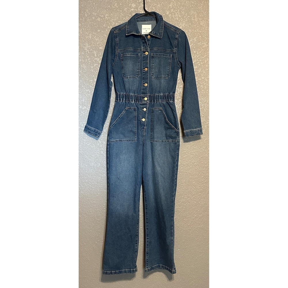Celebrity Pink Womens Denim Straight leg Jumpsuit Dark Wash Elastic Waist XS